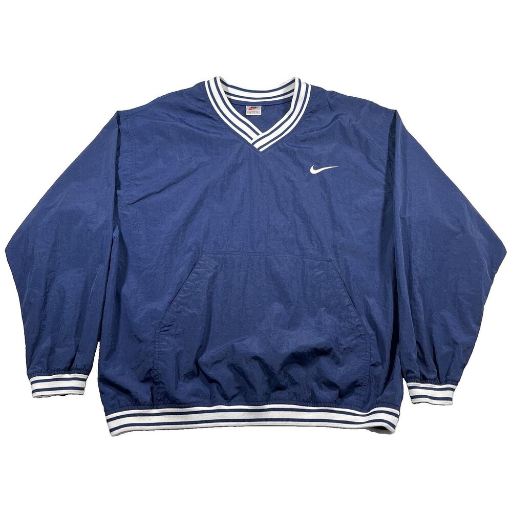 Vtg 90s Nike White Tag Swoosh Pullover V Neck Windbreaker Blue Lightweight